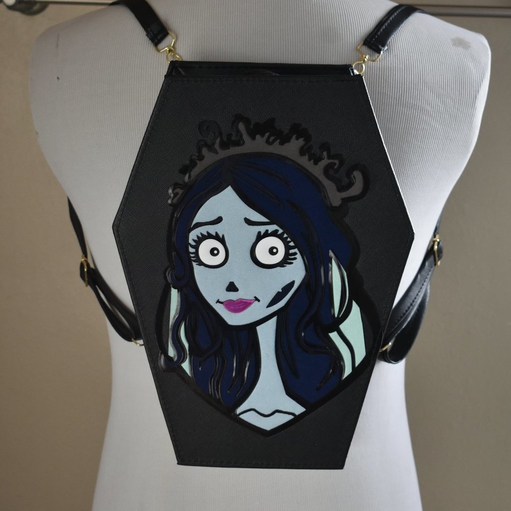 new Corpse Bride Emily LARGE 3D HOLOGRAPHIC Leather Large Coffin BAG Backpack